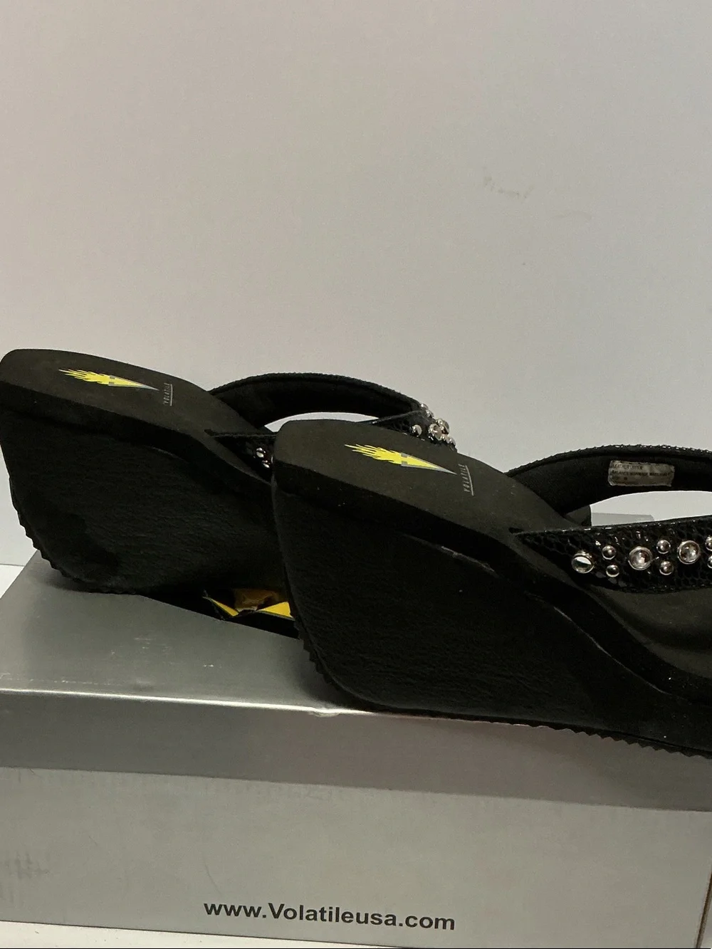 Volatile Black Wedge Thong Sandals with Crystal Accents